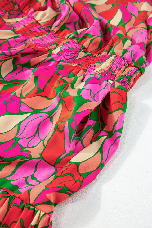Floral Print Smocked Waist Flutter Sleeve Midi Dress
