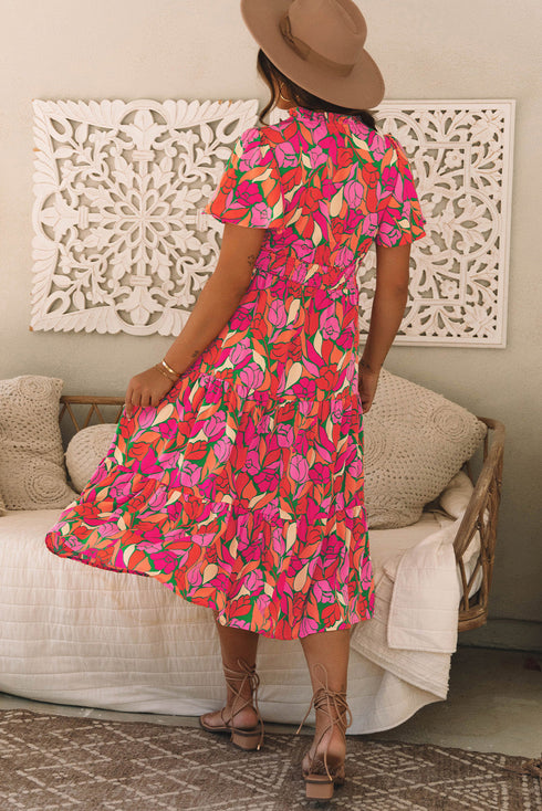 Floral Print Smocked Waist Flutter Sleeve Midi Dress
