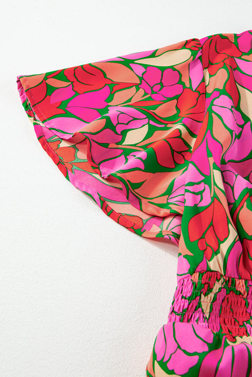 Floral Print Smocked Waist Flutter Sleeve Midi Dress