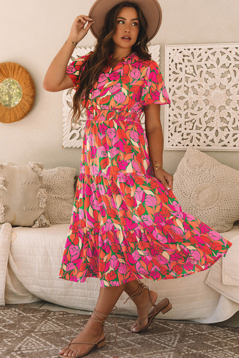 Floral Print Smocked Waist Flutter Sleeve Midi Dress