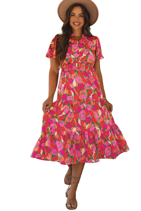 Floral Print Smocked Waist Flutter Sleeve Midi Dress