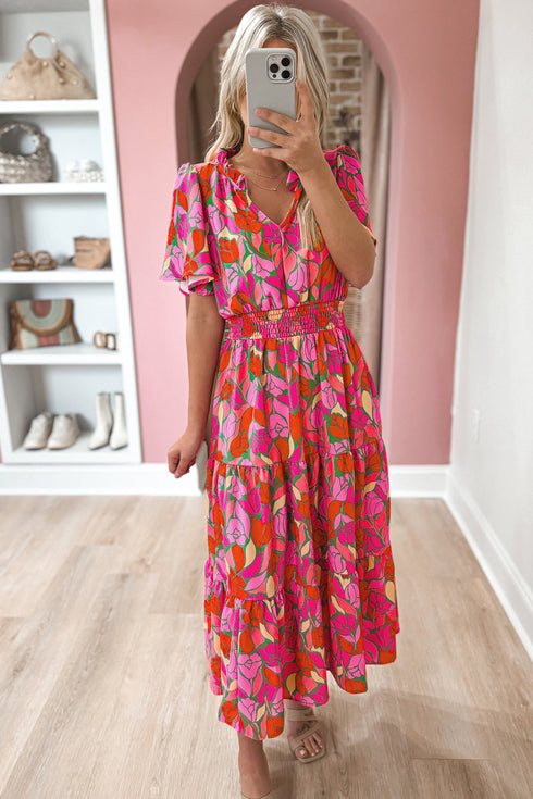 Floral Print Smocked Waist Flutter Sleeve Midi Dress