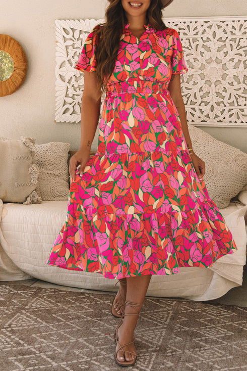 Floral Print Smocked Waist Flutter Sleeve Midi Dress