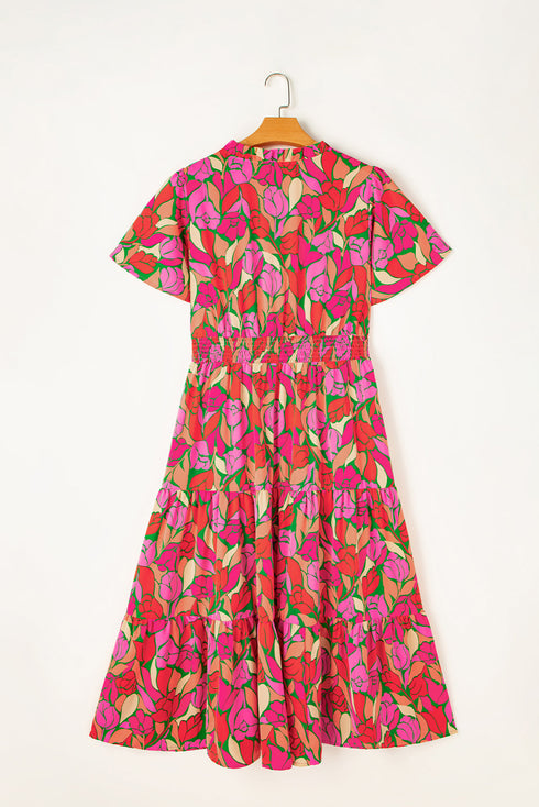Floral Print Smocked Waist Flutter Sleeve Midi Dress