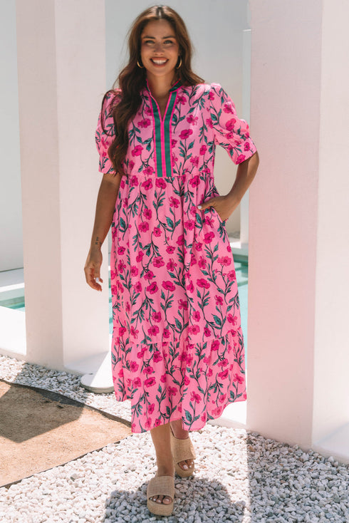 Floral Print Southern Belle Puff Sleeve A Line Maxi Dress