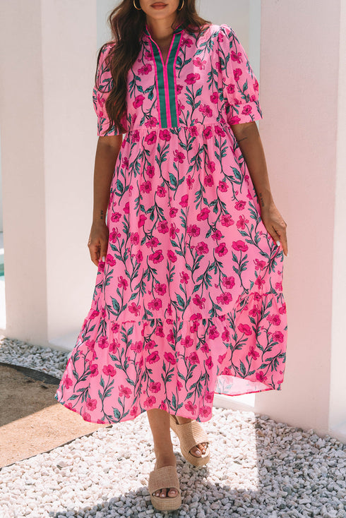 Floral Print Southern Belle Puff Sleeve A Line Maxi Dress