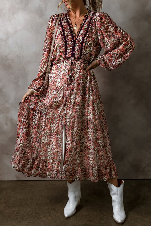 Floral Print Split Front Tiered Frilled V Neck Floral Dress