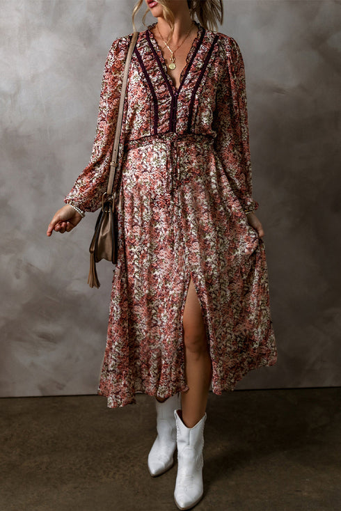 Floral Print Split Front Tiered Frilled V Neck Floral Dress