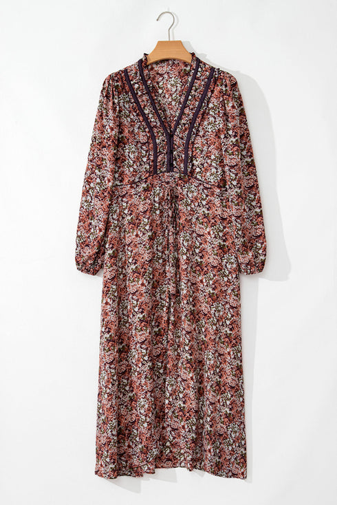 Floral Print Split Front Tiered Frilled V Neck Floral Dress