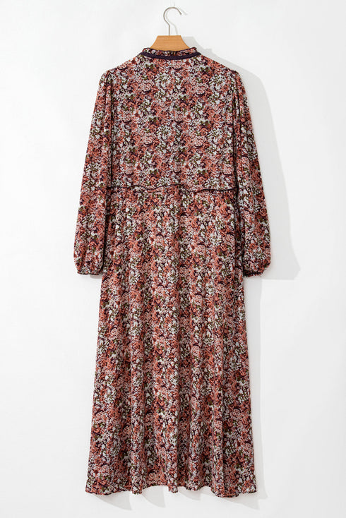 Floral Print Split Front Tiered Frilled V Neck Floral Dress