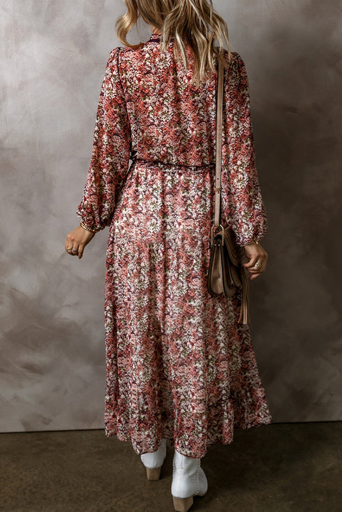 Floral Print Split Front Tiered Frilled V Neck Floral Dress