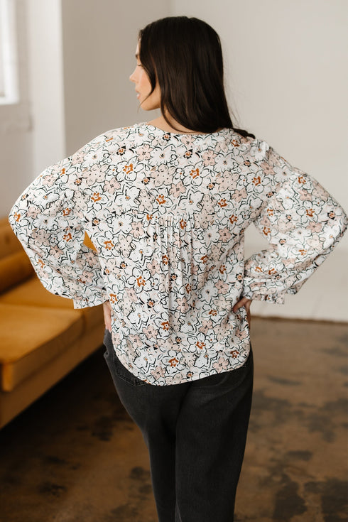 Floral Print Split Neck Balloon Sleeve Woven Blouse