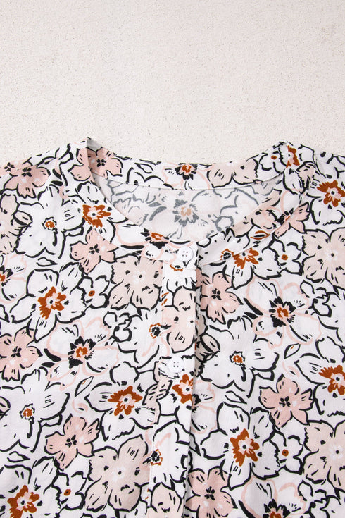 Floral Print Split Neck Balloon Sleeve Woven Blouse