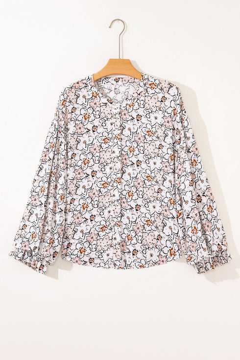 Floral Print Split Neck Balloon Sleeve Woven Blouse