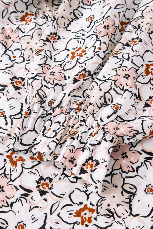 Floral Print Split Neck Balloon Sleeve Woven Blouse