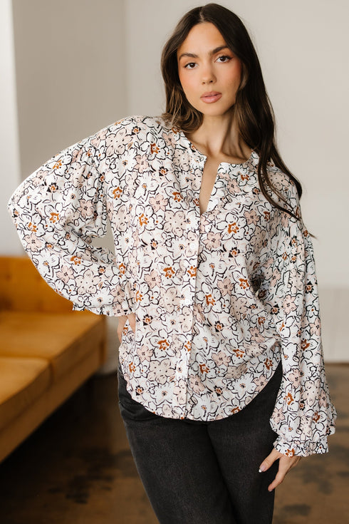 Floral Print Split Neck Balloon Sleeve Woven Blouse