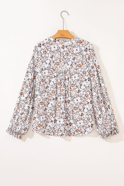 Floral Print Split Neck Balloon Sleeve Woven Blouse