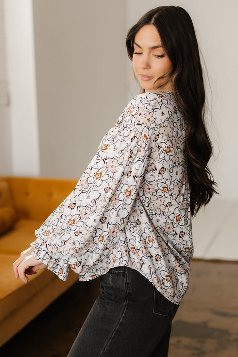 Floral Print Split Neck Balloon Sleeve Woven Blouse