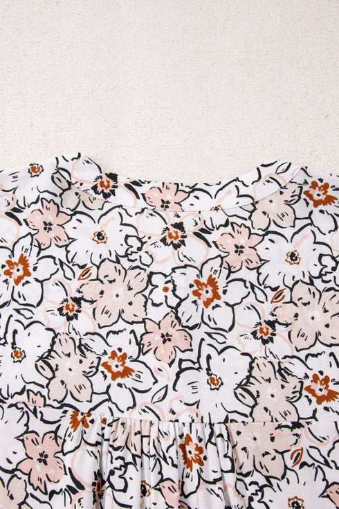 Floral Print Split Neck Balloon Sleeve Woven Blouse