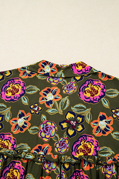 Floral Print Split Neck Bubble Sleeve Shift Mini Dress
