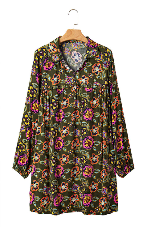 Floral Print Split Neck Bubble Sleeve Shift Mini Dress
