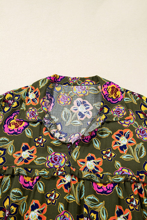 Floral Print Split Neck Bubble Sleeve Shift Mini Dress
