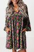 Floral Print Split Neck Bubble Sleeve Shift Mini Dress