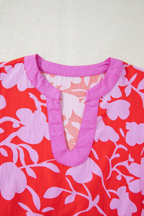 Floral Print Split Neck Cuffed Bracelet Sleeve Woven Blouse
