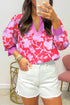 Floral Print Split Neck Cuffed Bracelet Sleeve Woven Blouse