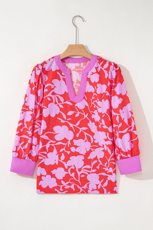 Floral Print Split Neck Cuffed Bracelet Sleeve Woven Blouse