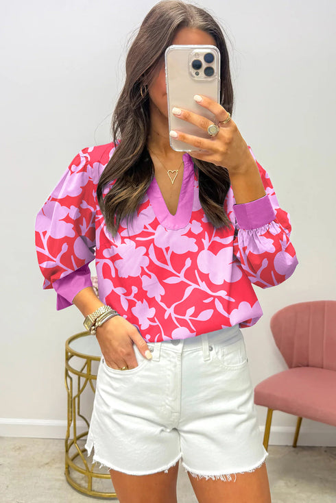 Floral Print Split Neck Cuffed Bracelet Sleeve Woven Blouse