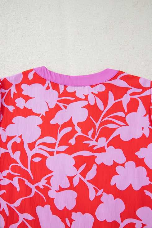 Floral Print Split Neck Cuffed Bracelet Sleeve Woven Blouse