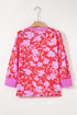 Floral Print Split Neck Cuffed Bracelet Sleeve Woven Blouse