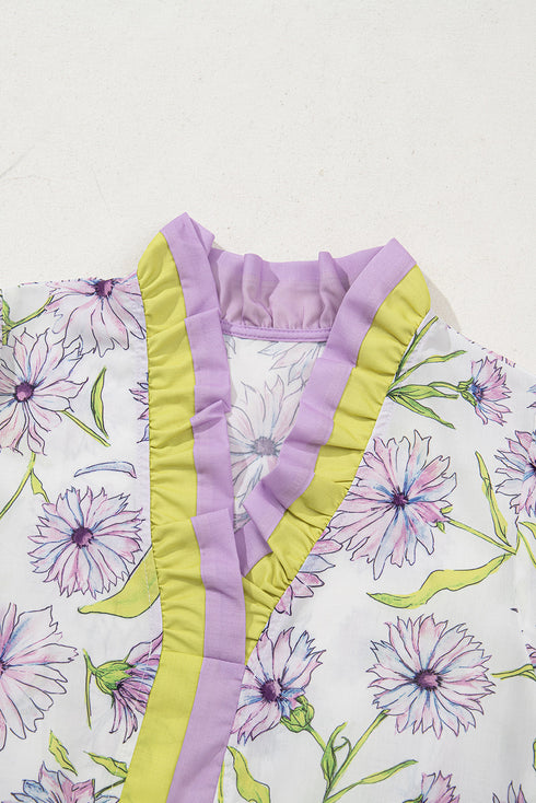 Floral Print Split Neck Flounce Sleeve Peplum Hem Blouse