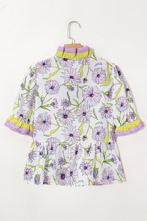 Floral Print Split Neck Flounce Sleeve Peplum Hem Blouse