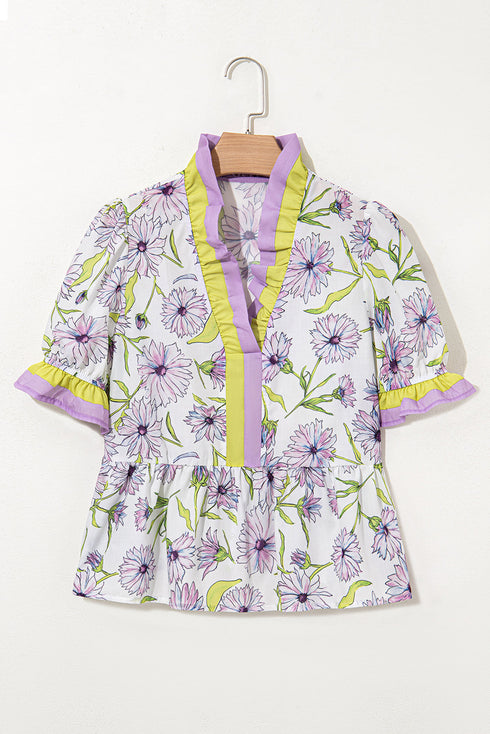 Floral Print Split Neck Flounce Sleeve Peplum Hem Blouse