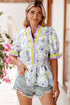 Floral Print Split Neck Flounce Sleeve Peplum Hem Blouse