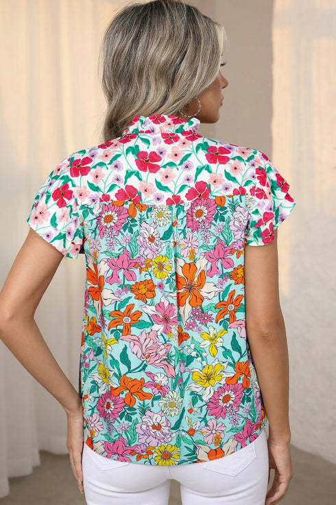 Floral Print Split Neck Flutter Sleeve Button Front Blouse
