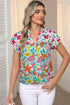 Floral Print Split Neck Flutter Sleeve Button Front Blouse