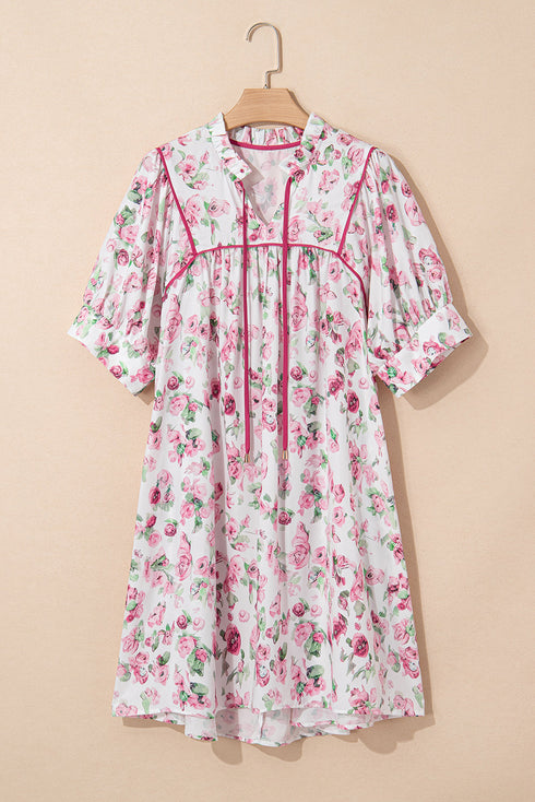 Floral Print Split Neck Loose Fit Plus Size Mini Dress