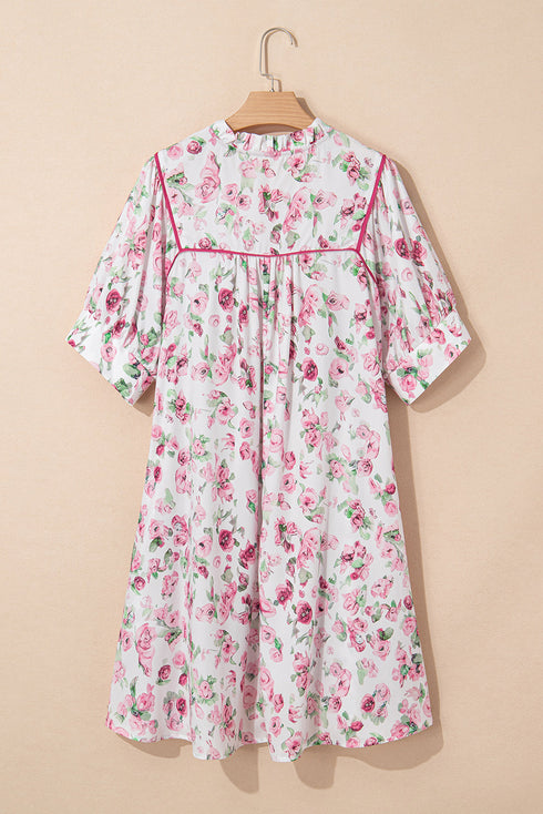 Floral Print Split Neck Loose Fit Plus Size Mini Dress