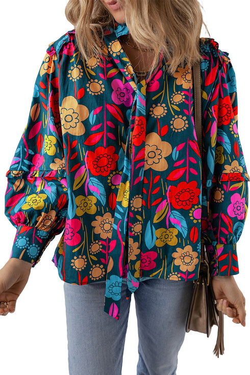 Floral Print Split Neck Puff Sleeve Cotton Blouse