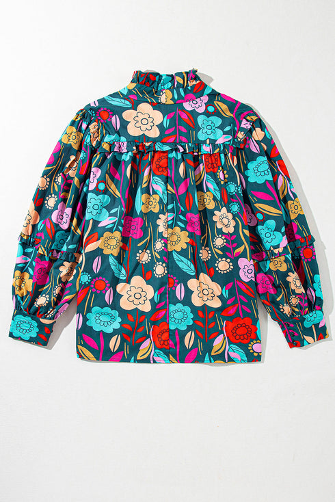 Floral Print Split Neck Puff Sleeve Cotton Blouse