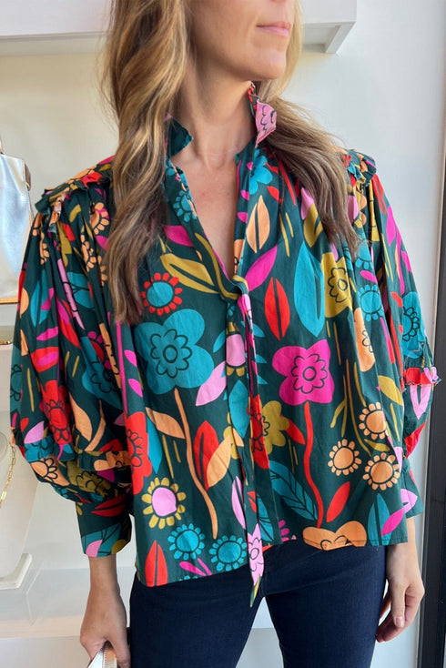Floral Print Split Neck Puff Sleeve Cotton Blouse