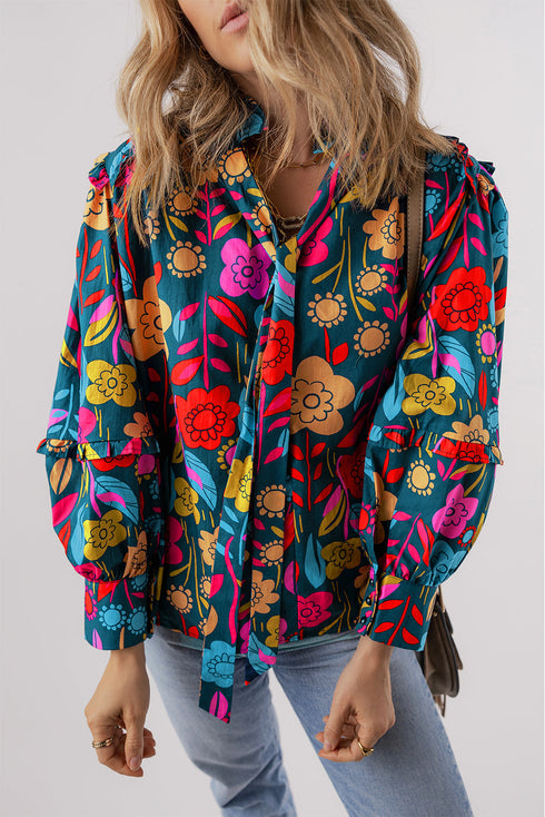 Floral Print Split Neck Puff Sleeve Cotton Blouse