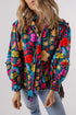 Floral Print Split Neck Puff Sleeve Cotton Blouse