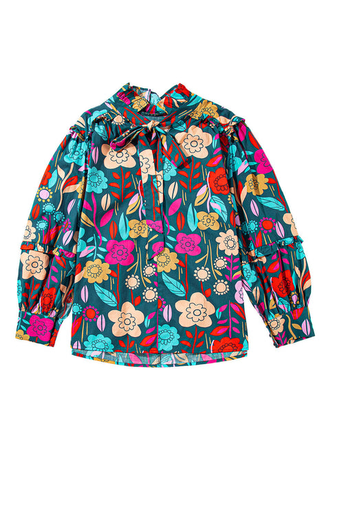 Floral Print Split Neck Puff Sleeve Cotton Blouse