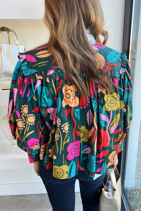 Floral Print Split Neck Puff Sleeve Cotton Blouse