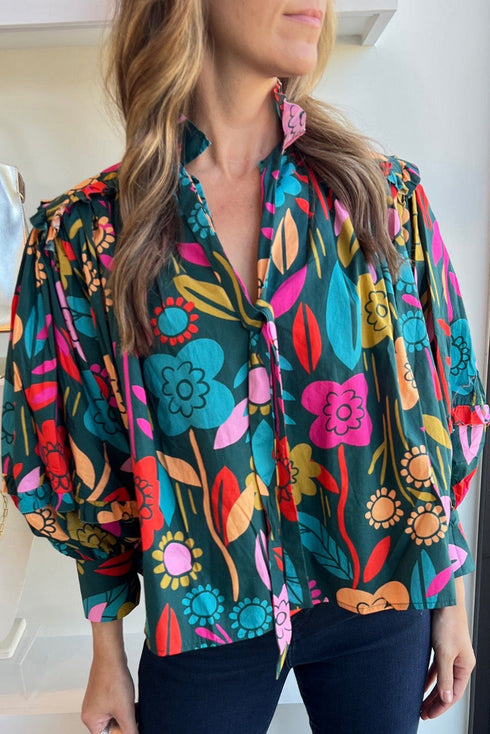 Floral Print Split Neck Puff Sleeve Cotton Blouse