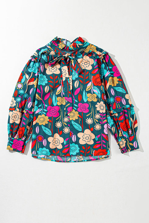 Floral Print Split Neck Puff Sleeve Cotton Blouse